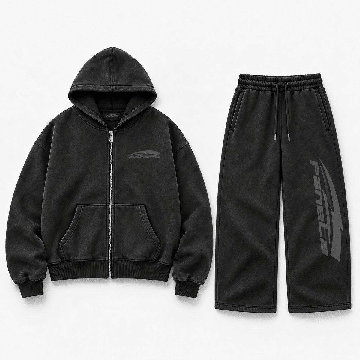 Black Washed Racing Zip Set - Fansta
