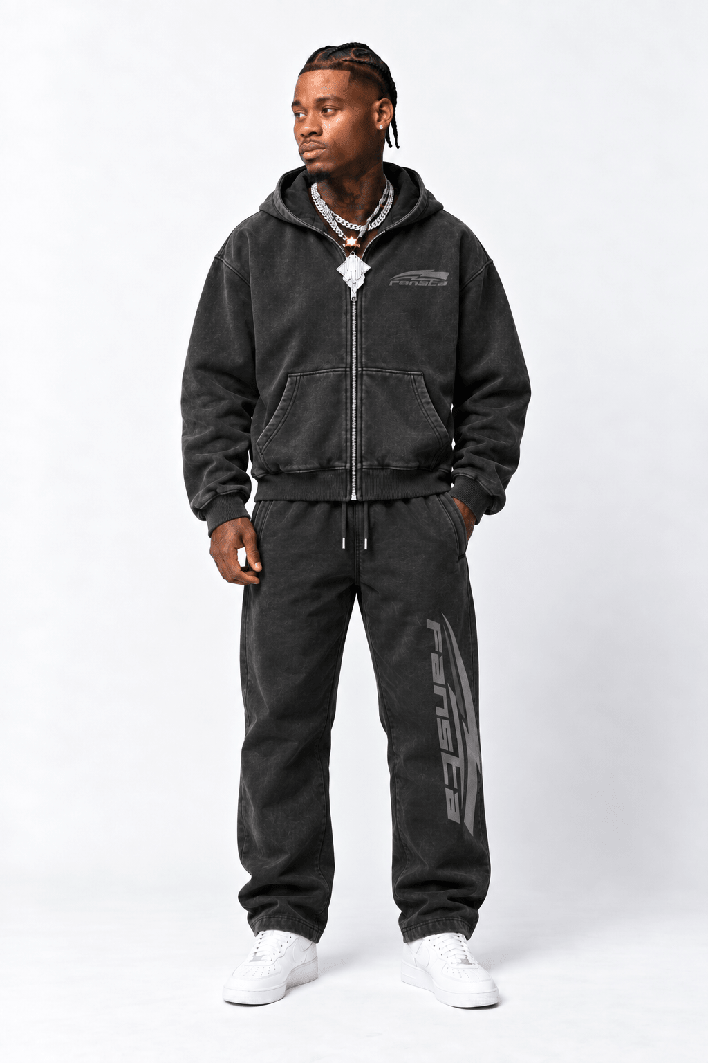 Black Washed Racing Zip Set - Fansta