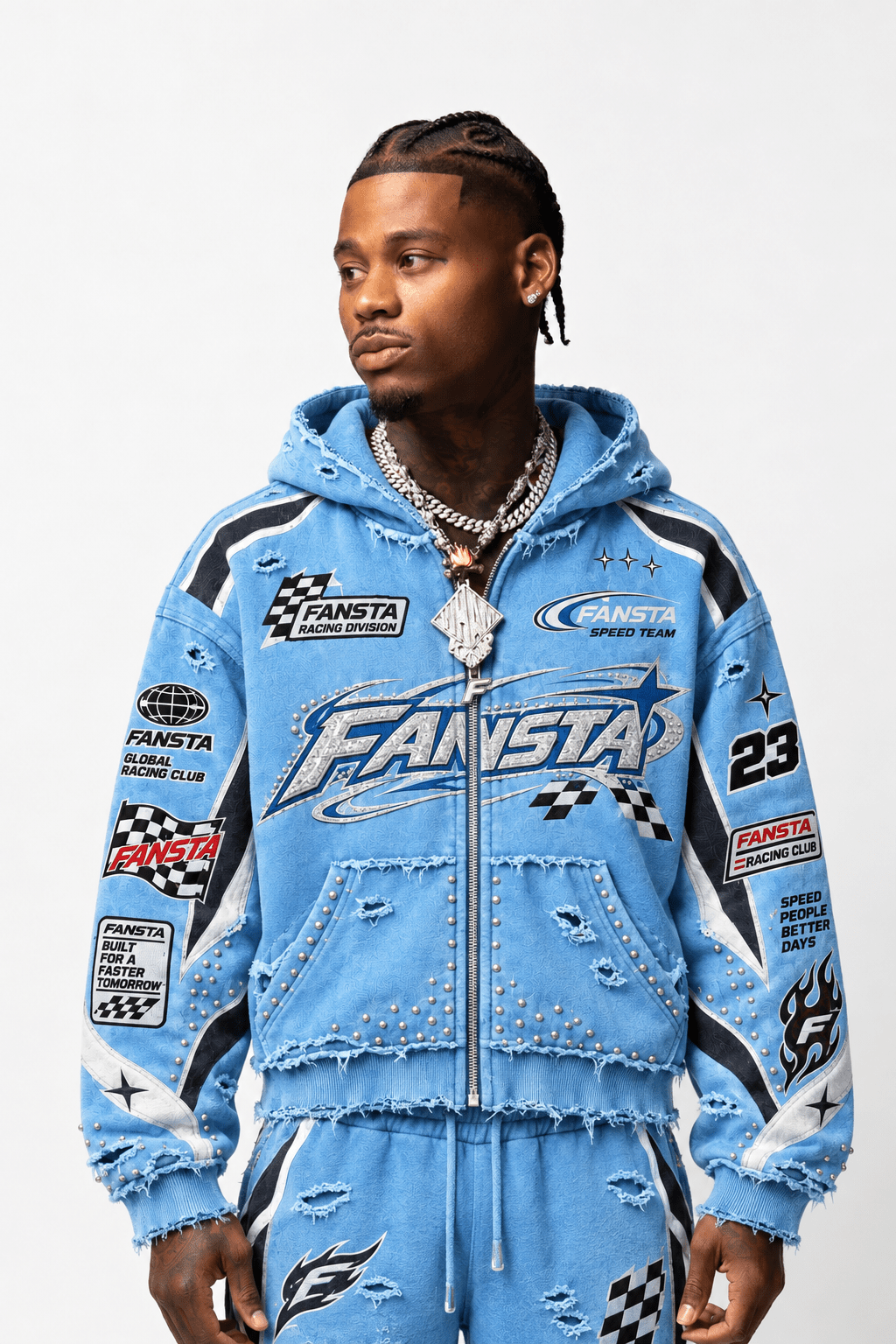 Blue Distressed Racing Zip Hoodie - Fansta