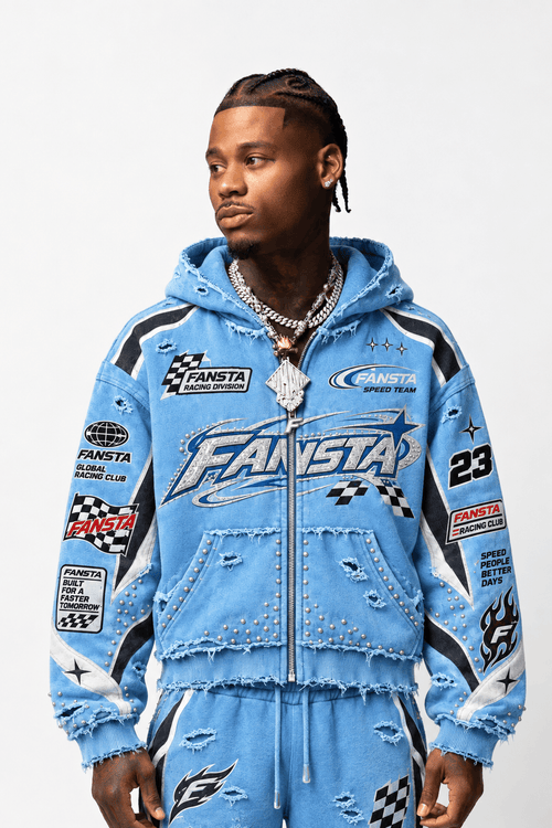 Blue Distressed Racing Zip Hoodie - Fansta