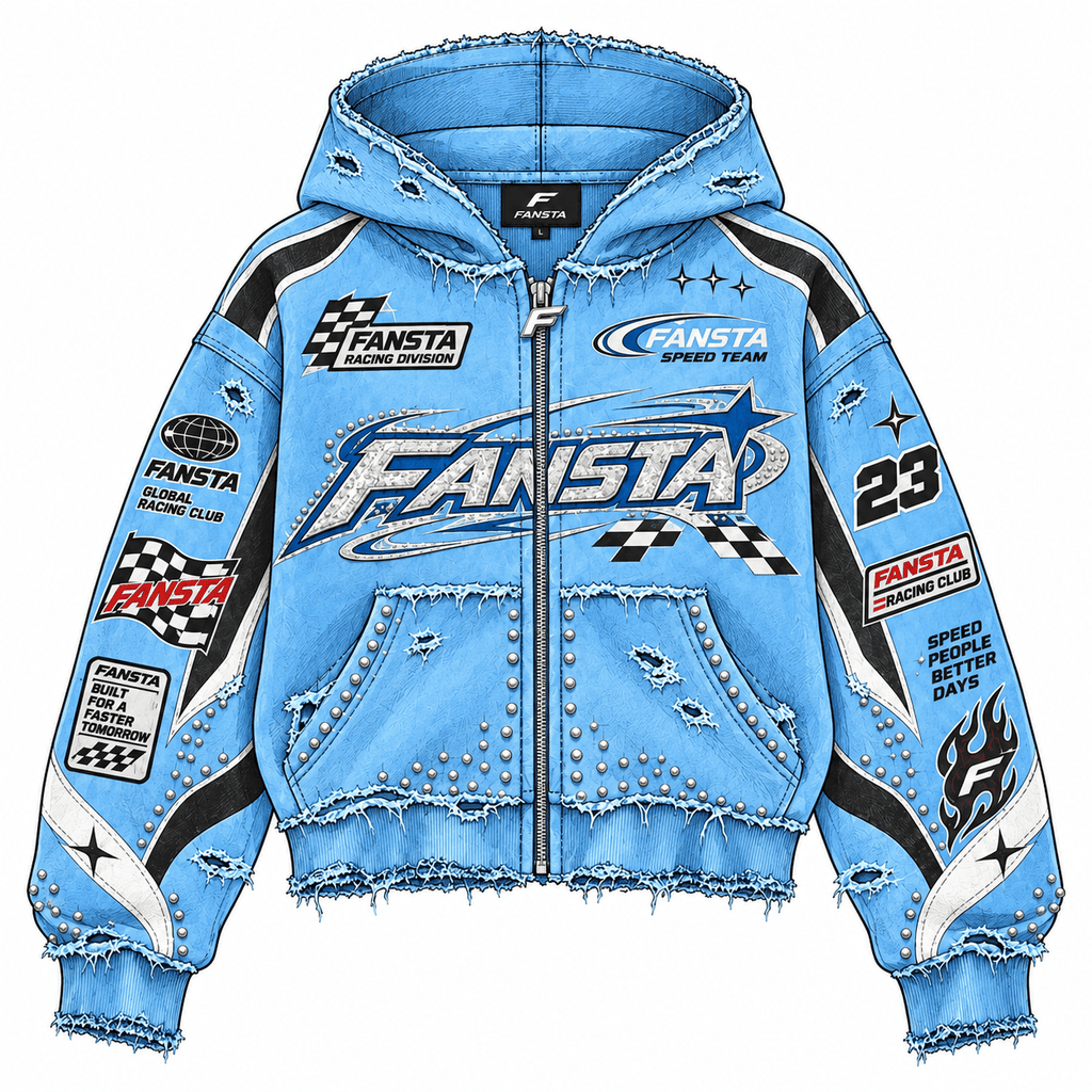 Blue Distressed Racing Zip Hoodie - Fansta