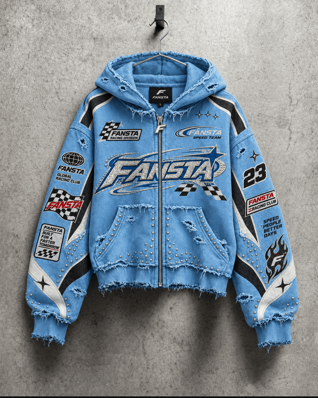 Blue Distressed Racing Zip Hoodie - Fansta