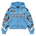 Blue Distressed Racing Zip Hoodie - Fansta