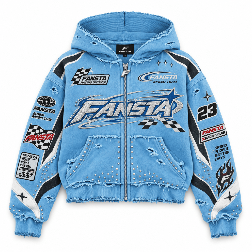 Blue Distressed Racing Zip Hoodie - Fansta